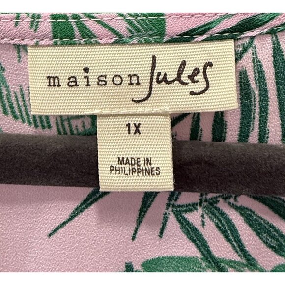 Maison Jules Womens Pink Green Palm Print Blouse 1X  3/4 Sleeves Smocked Details - Picture 4 of 7